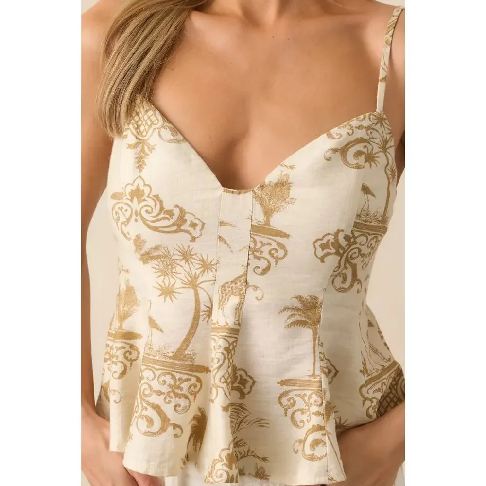 Aakaa 2-Piece Toile Print Peplum Top & Matching Shorts Set Small Resort Coastal